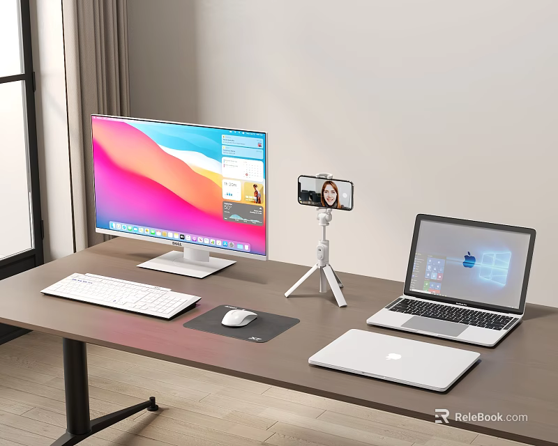 Computer Workstation Setup With Monitor Keyboard Mouse Laptop Tablet And Smartphone On Tripod Stand 3d model 