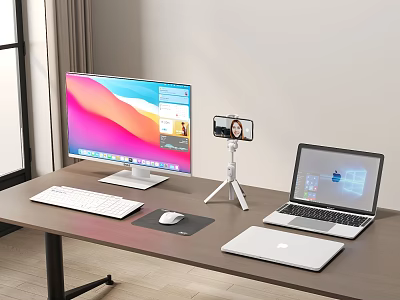 Computer Workstation Setup With Monitor Keyboard Mouse Laptop Tablet And Smartphone On Tripod Stand 3d model