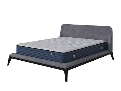 Modern Sleek Double Bed Design with Gray Headboard Blue and Gray Mattress and Black Frame 3d model