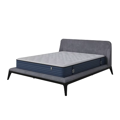 Modern Sleek Double Bed Design with Gray Headboard Blue and Gray Mattress and Black Frame 3d model