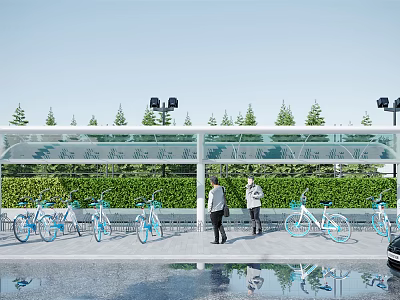 Bicycle Parking Canopy With Green Plants Street Lamps And Two People Standing 3d model