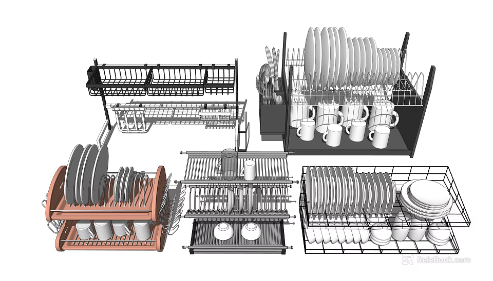 Practical Kitchen Cabinet Storage With Dish Racks Plates And Mug Organizers 3d model