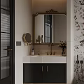 Modern Bathroom Interior With Floral Wallpaper Toilet Vanity Gold Shower And Tiled Floor