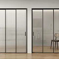 Modern Sliding Doors With Black Frames Ribbed And Transparent Glass Panels In Wooden Flooring Interior