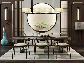 New Chinese Tea Table and Chair Dining Table Chandelier 3d model
