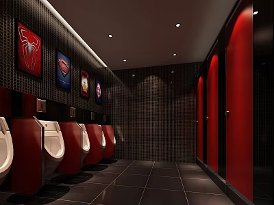 Public Restroom With Modern Design Red Stalls White Urinals Decorative Posters On Dark Walls 3d model