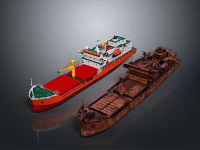 Modern Red White Cargo Ship With Crane And Old Brown Cargo Ship As Water Transport 3d model