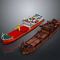 Modern Red White Cargo Ship With Crane And Old Brown Cargo Ship As Water Transport