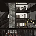 Hotel Lobby Interior With Wooden Floor Chandelier Bar Counter And Balcony
