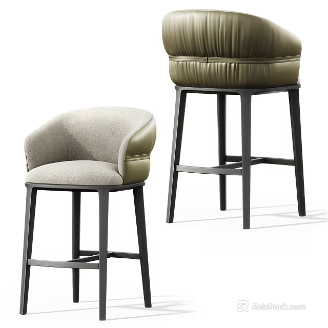 Modern Upholstered Bar Stools With Olive Green And Light Beige Fabric And Black Metal Frame 3d model 