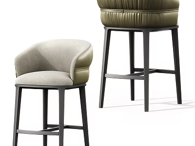 Modern Upholstered Bar Stools With Olive Green And Light Beige Fabric And Black Metal Frame 3d model