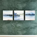 Two Abstract Paintings With Green Wall Background Blurred Lines And Gradient Blue Gray Tones