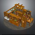 Wooden Market Stall With Shelves Ceramic Bowls Green Plants And Stone Brick Floor