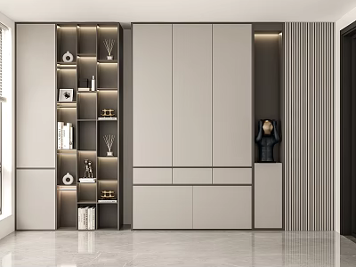 Modern Minimalist Wardrobe Design With Light Grey Cabinets And Illuminated Display Shelves 3d model