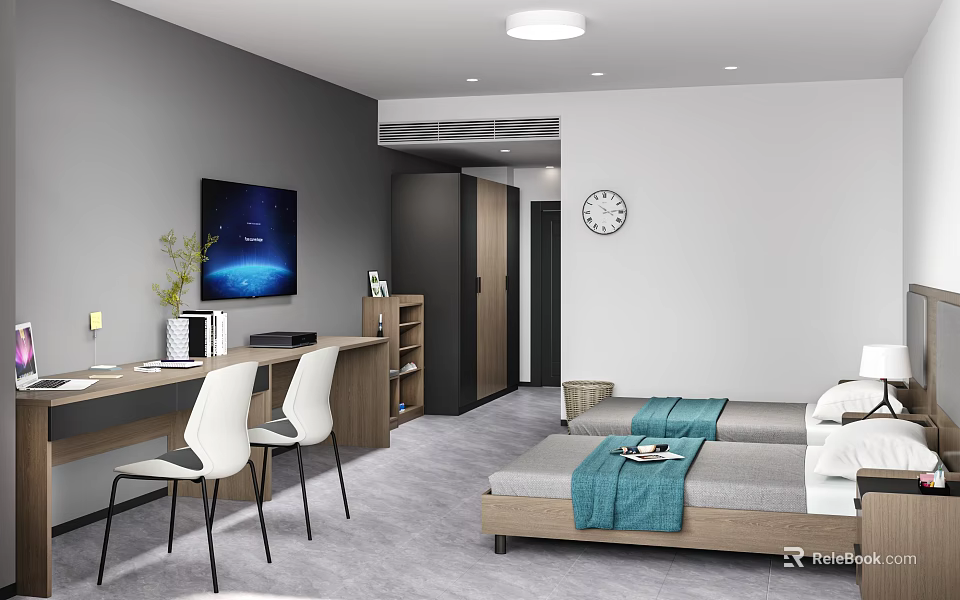 Modern Hotel Room Interior With Twin Beds Writing Desk TV Wall Clock And Potted Plant 3d model 
