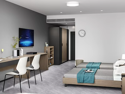 Modern Hotel Room Interior With Twin Beds Writing Desk TV Wall Clock And Potted Plant 3d model