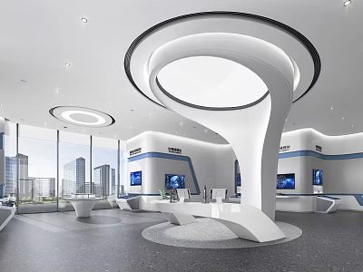 Modern Interior Space With Curved White Structure Blue Accents And City View Windows 3d model