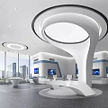 Modern Interior Space With Curved White Structure Blue Accents And City View Windows