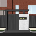 Modern Black and White Gate with Number 061011 Red Brick Building and Green Bushes