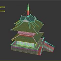 Ancient Chinese Tower With Green Tiled Roof Multiple Tiers Red Decorations And Stone Stairs