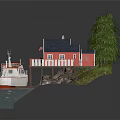 Red Wooden Waterfront House With Pine Trees Boat Dock And Stairs