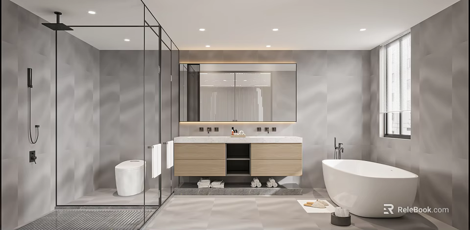 Modern Light Grey Bathroom With Double Sink Floating Vanity Freestanding Tub And Glass Shower Enclosure 3d model 