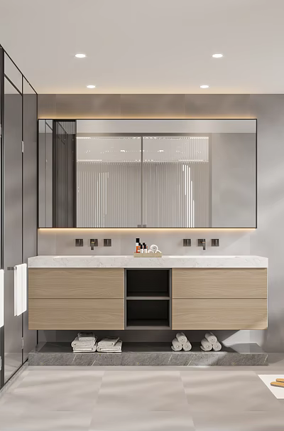 Modern Light Grey Bathroom With Double Sink Floating Vanity Freestanding Tub And Glass Shower Enclosure 3d model