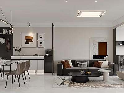 Modern Living And Dining Room Interior With Sofa Dining Table Wall Art And Pendant Lights 3d model