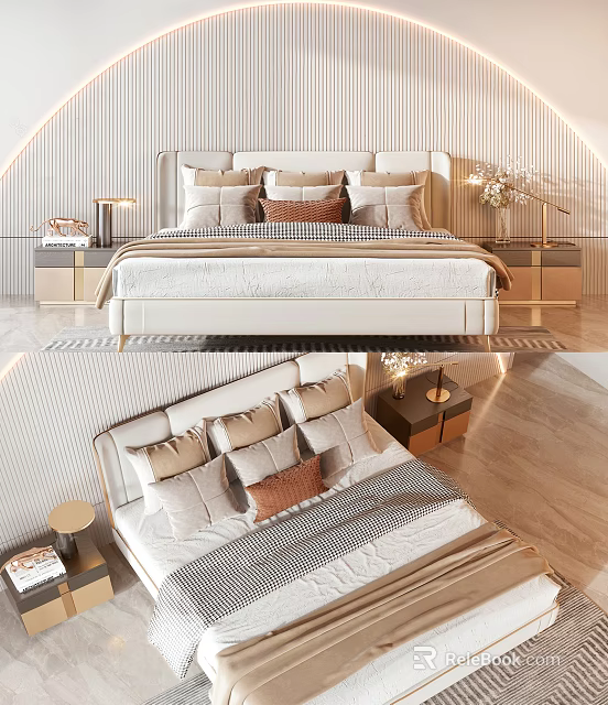 Elegant Modern Double Bed With Plush Pillows And Bedside Tables With Lamps 3d model 