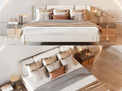 Elegant Modern Double Bed With Plush Pillows And Bedside Tables With Lamps 3d model