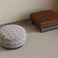 Circular Patterned And Square Tufted Brown Leather Stools For Modern Interior Decor 3d model
