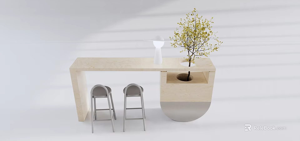 Light Colored Modern Table With Gray Bar Stools White Lamp And Small Tree Planter Design 3d model