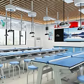 Modern Laboratory With Blue Tables Light Blue Stools And Lights 3d model