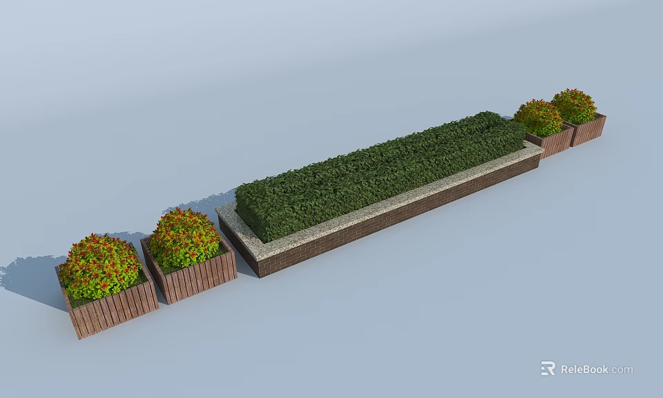 Garden Ornament Featuring Rectangular Hedge Bed And Wooden Planters With Colorful Shrubs 3d model 