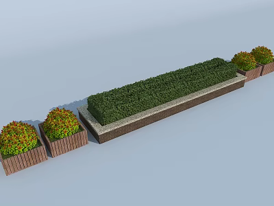Garden Ornament Featuring Rectangular Hedge Bed And Wooden Planters With Colorful Shrubs 3d model