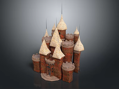 Medieval Castle Architecture With Multiple Conical Spires And Brick Tower Structures 3d model