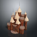 Medieval Castle Architecture With Multiple Conical Spires And Brick Tower Structures 3d model