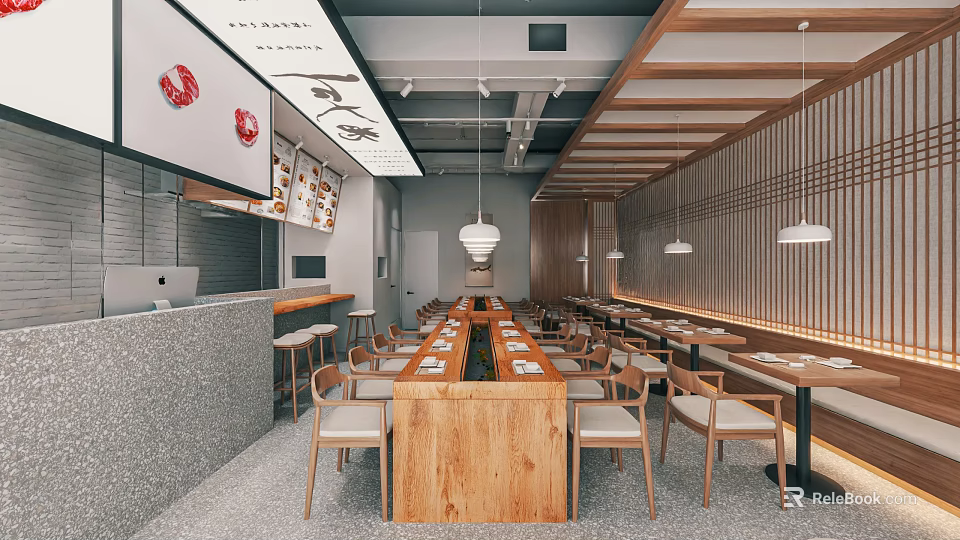 Modern Restaurant Interior With Long Wooden Tables Chairs Hanging Lights Wooden Ceiling And Wall Decor 3d model 