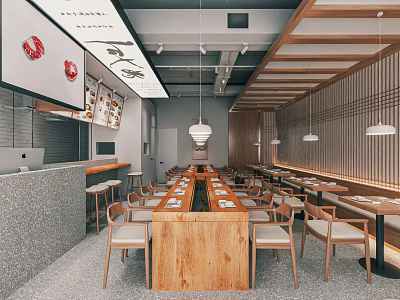 Modern Restaurant Interior With Long Wooden Tables Chairs Hanging Lights Wooden Ceiling And Wall Decor 3d model