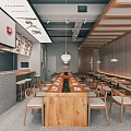 Modern Restaurant Interior With Long Wooden Tables Chairs Hanging Lights Wooden Ceiling And Wall Decor