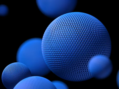 Commercial Equipment Components with Blue Mesh Textured Spheres in Various Sizes on Black Background 3d model