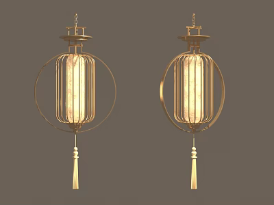 Elegant Gold Lantern Pendant Lights With Metal Frame Illuminated Shade And Tassels 3d model