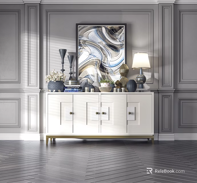 Elegant White Console Side Cabinet With Golden Legs And Decorative Items On Gray Wall Interior 3d model 