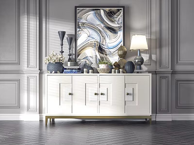Elegant White Console Side Cabinet With Golden Legs And Decorative Items On Gray Wall Interior 3d model