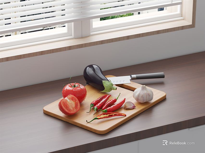 Fresh Tomatoes Eggplant Chili Peppers and Garlic on Wooden Cutting Board with Kitchen Countertop 3d model 