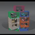 Colorful Transparent Lid Shoe Boxes Stacked With Sneakers On Round Silver Platform