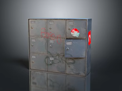 Vintage Metal Lockers With Multiple Compartments Graffiti Stickers Red Circle Mark And Open Door 3d model