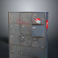 Vintage Metal Lockers With Multiple Compartments Graffiti Stickers Red Circle Mark And Open Door