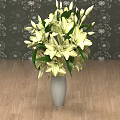 White Vase With Yellow And White Lilies On Wooden Floor Against Dark Patterned Wallpaper