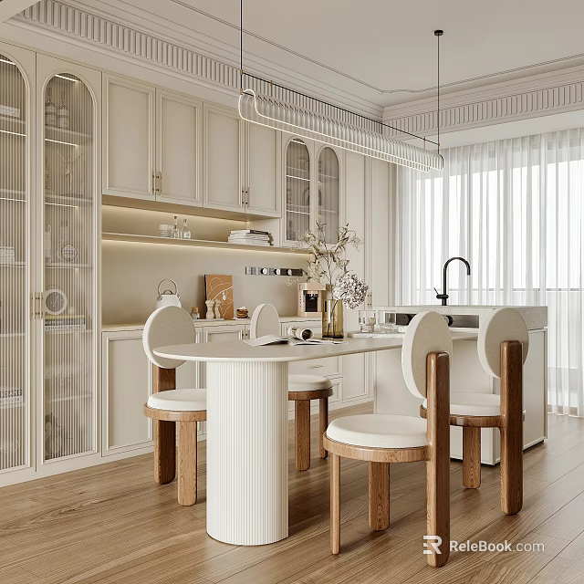 Modern Restaurant Interior With White Cabinets Dining Table Wooden Chairs And Pendant Lights 3d model 